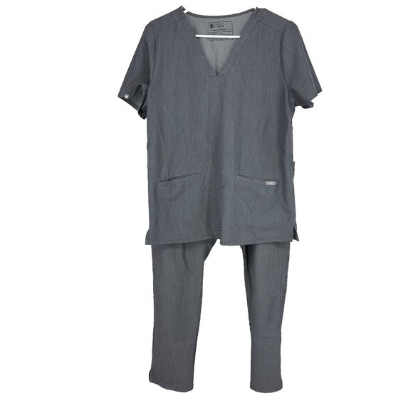 Figs Women M/L Scrub Set Casma Top Yola Skinny Pant Gray Drawstring Nurse Tech - Picture 1 of 14